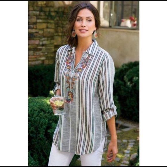 SOFT Surroundings Aruba Embroidered Pullover Tunic Top Rainbow Stripe Sz Medium - Picture 3 of 14